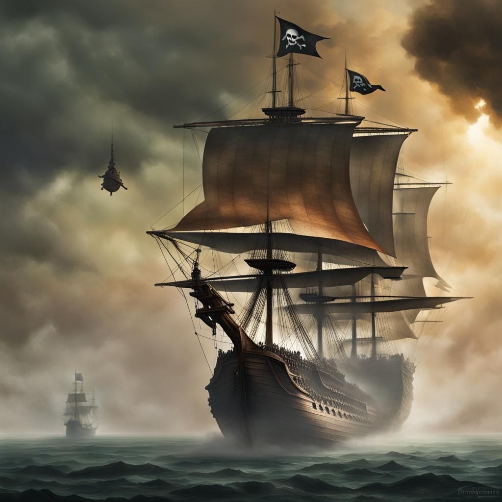 Pirate Airship Battles Spanish Galleon in Smog