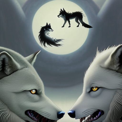 Yin Yang Wolves in Studio Ghibli Anime Style