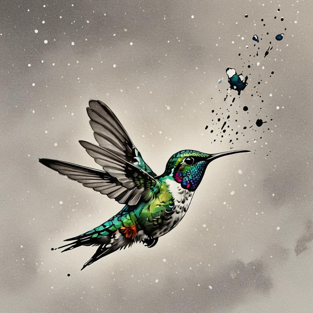 Hummingbird in Flight with Watercolor Effect