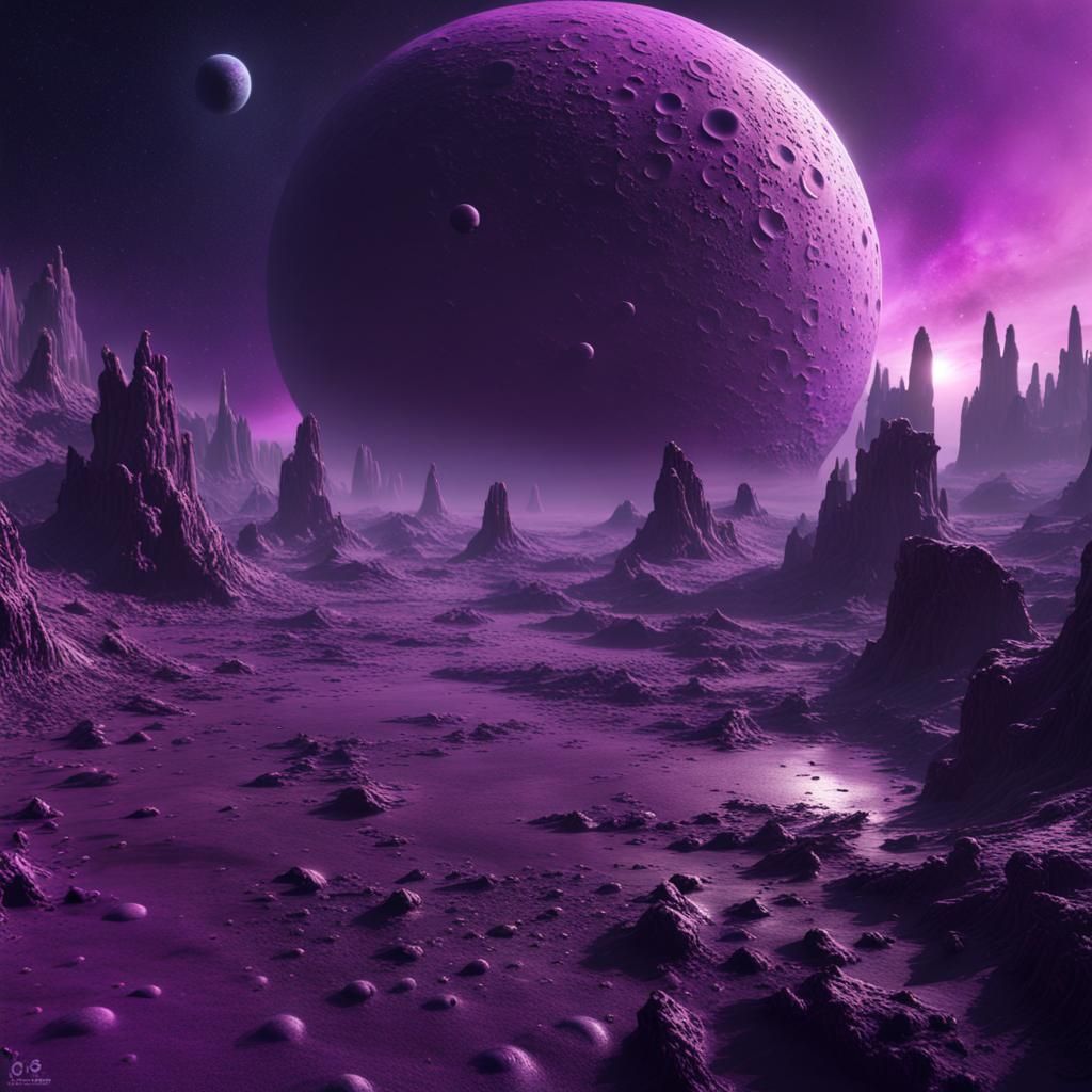 Purple Cratered Planet in Deep Space