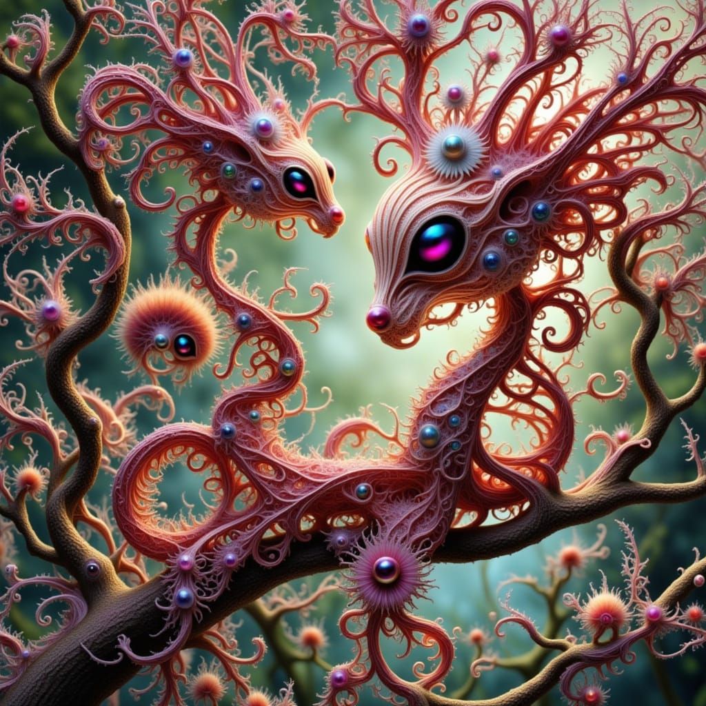 Whimsical Octopus Hybrid Climbs a Blossoming Tree