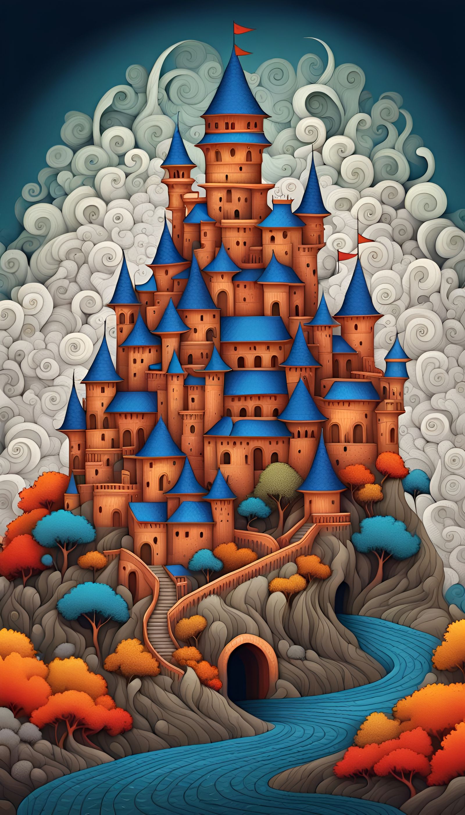 Enchanted Castle in Gond Style with Intricate Details