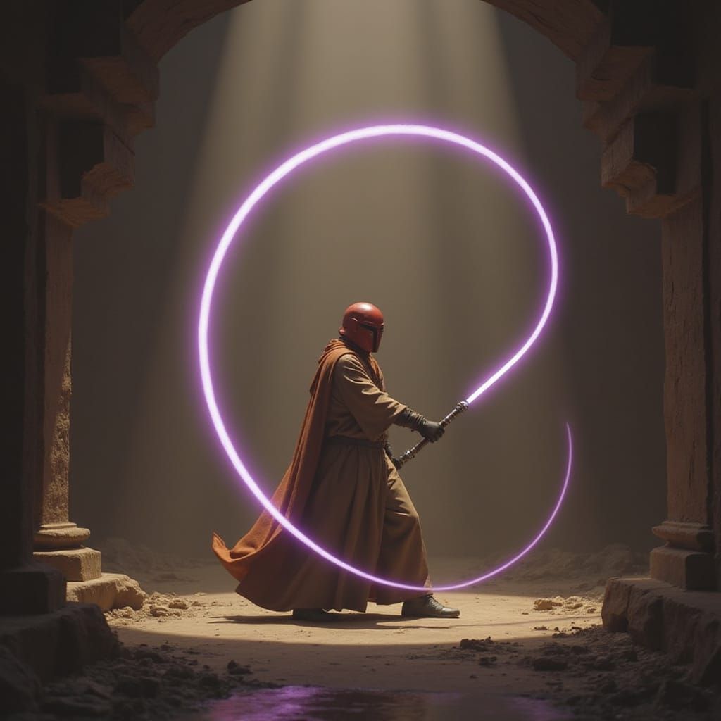 Jedi Knight with Red Mask Wields Purple Lightsaber Whip