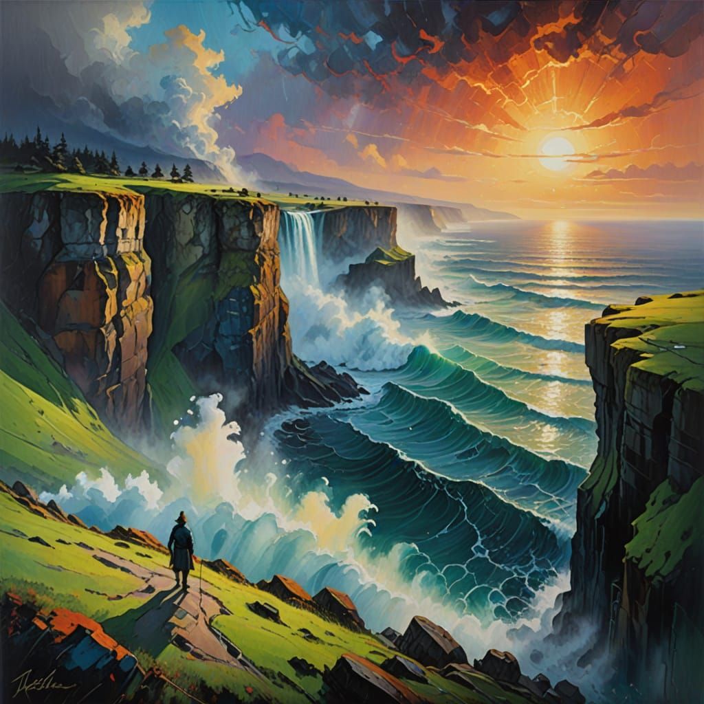 Surreal Ocean Cliff Scene in Whimsical Oil Painting Style