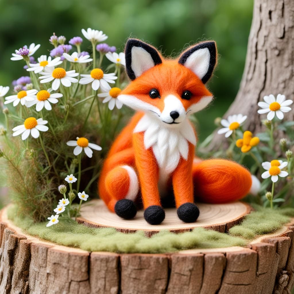 Felted Fox on Wildflower Stump