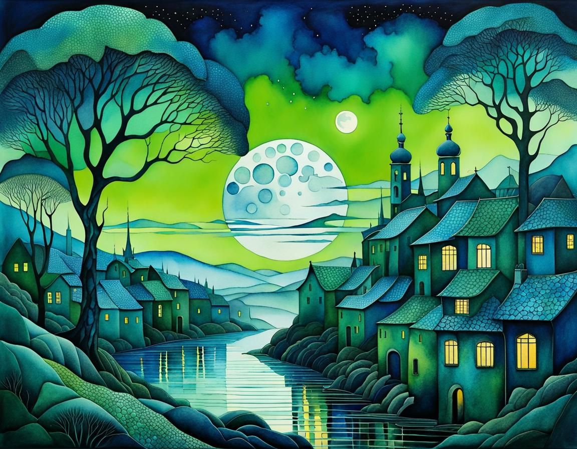 Magical Rainy Night in Misty Valley, Watercolor Ink