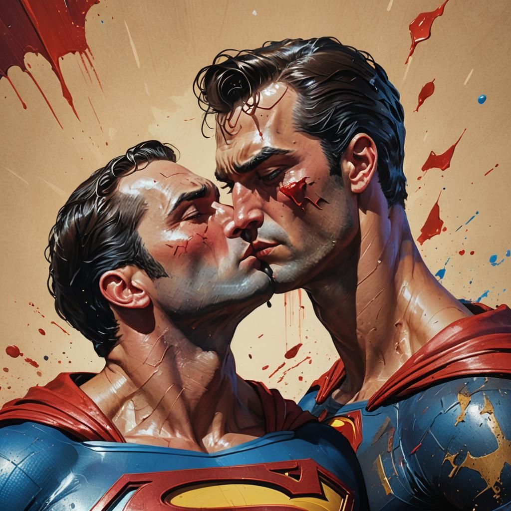 Hyperrealistic Superman and Bat Kissing: Splash Art