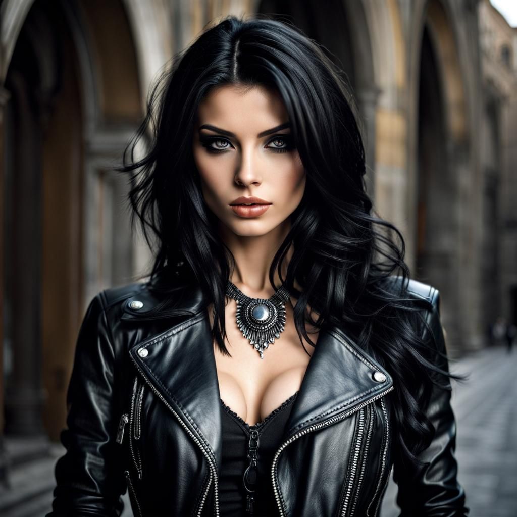 Elegant Gothic Girl with Leather Jacket, Detailed Art