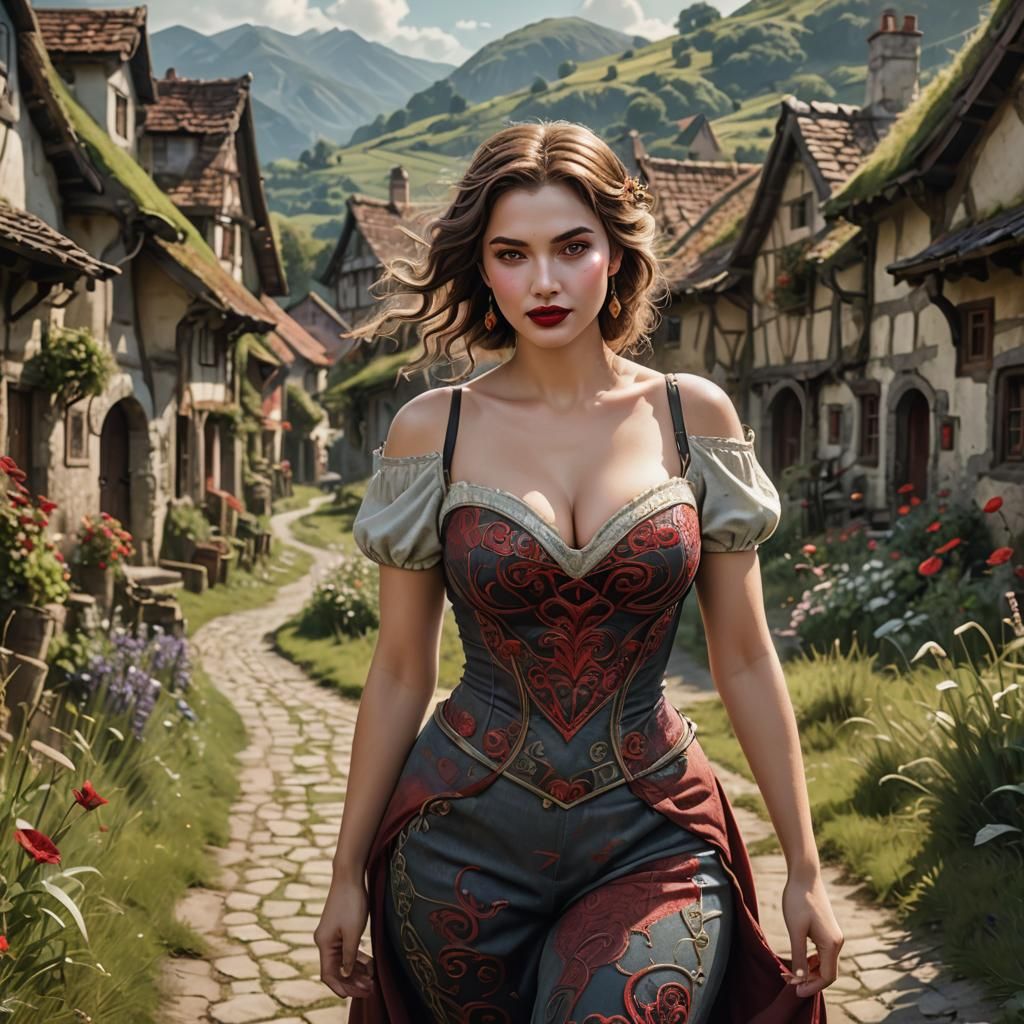 Fantasy Woman Walking Down Village Road, Concept Art