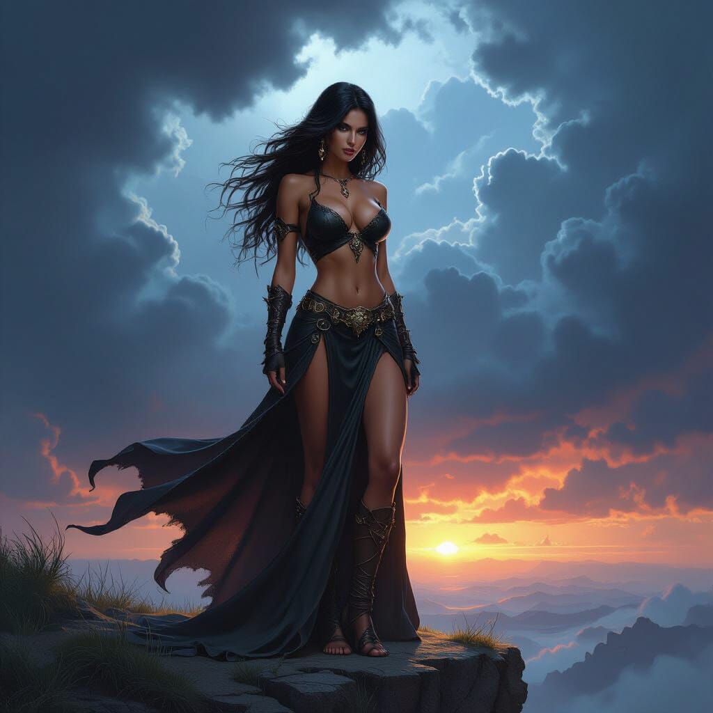 Fantasy Woman on Cliff Edge in Stormy Weather