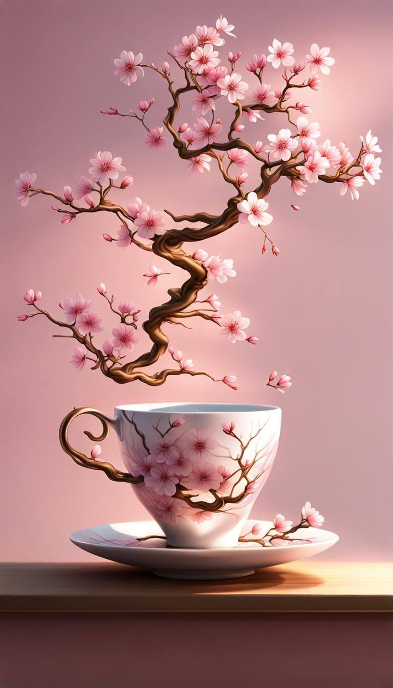 Sakura Tree Sprouts From Teacup: Digital Rendering