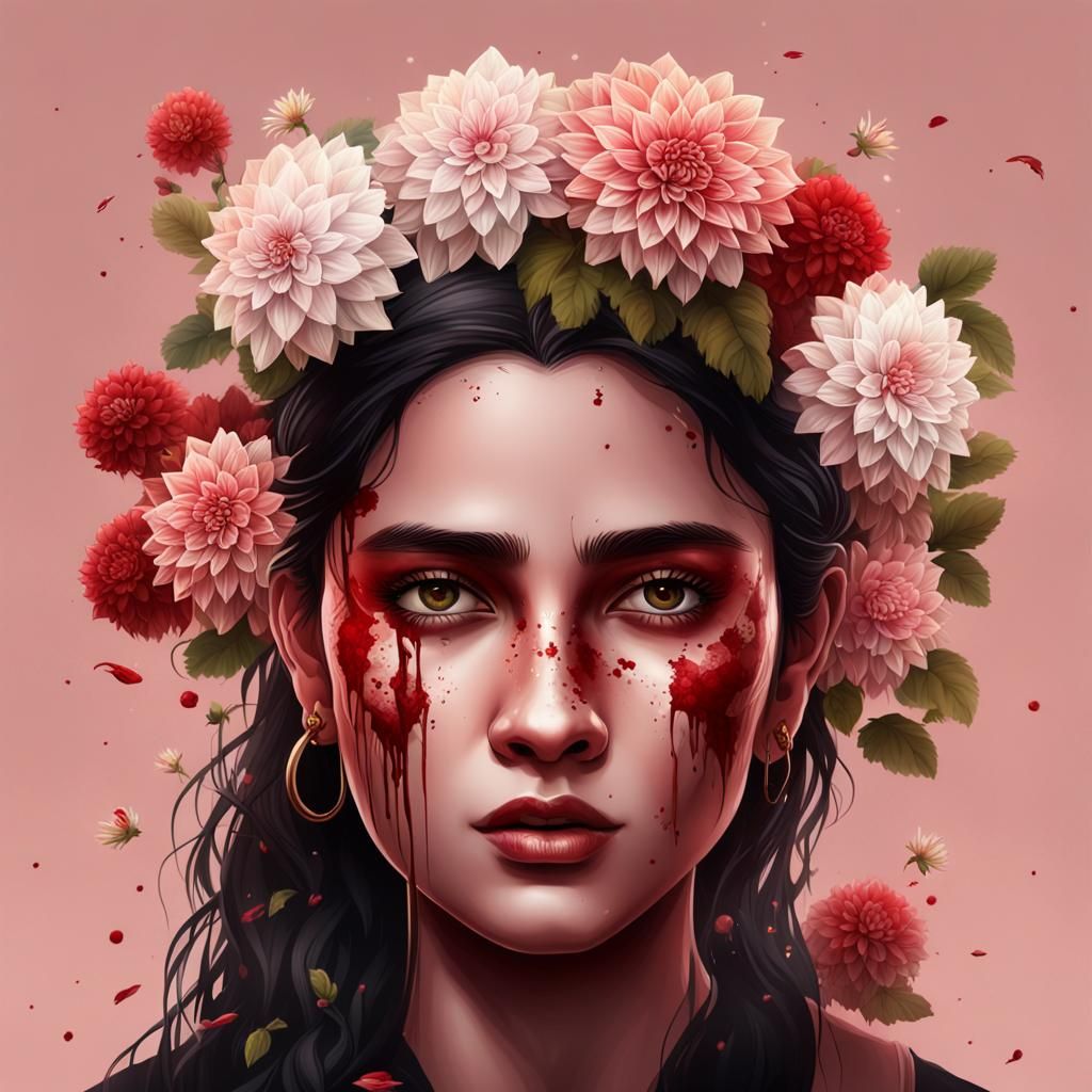 Crying Woman with Dahlias: Detailed Matte Painting
