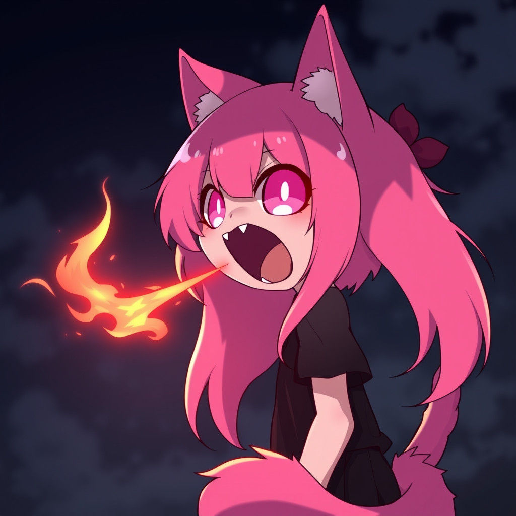 Anime Catgirl Breathing Fire in the Dark