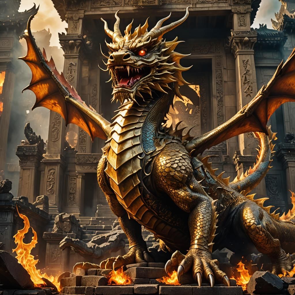 Golden Dragon in Burning Temple: Surreal Fauvist Art