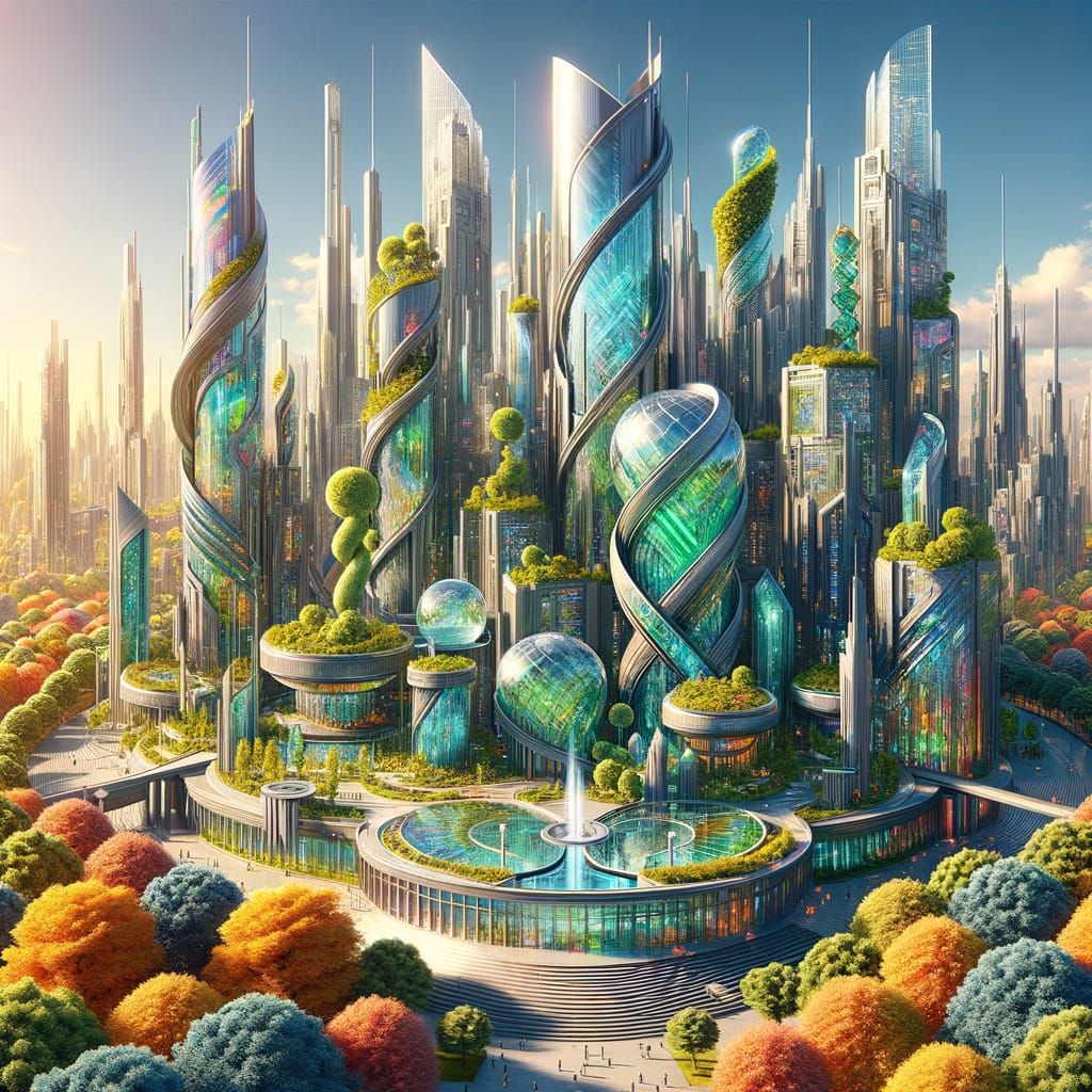 Futuristic Glass Castle in Sunny Autumn Park