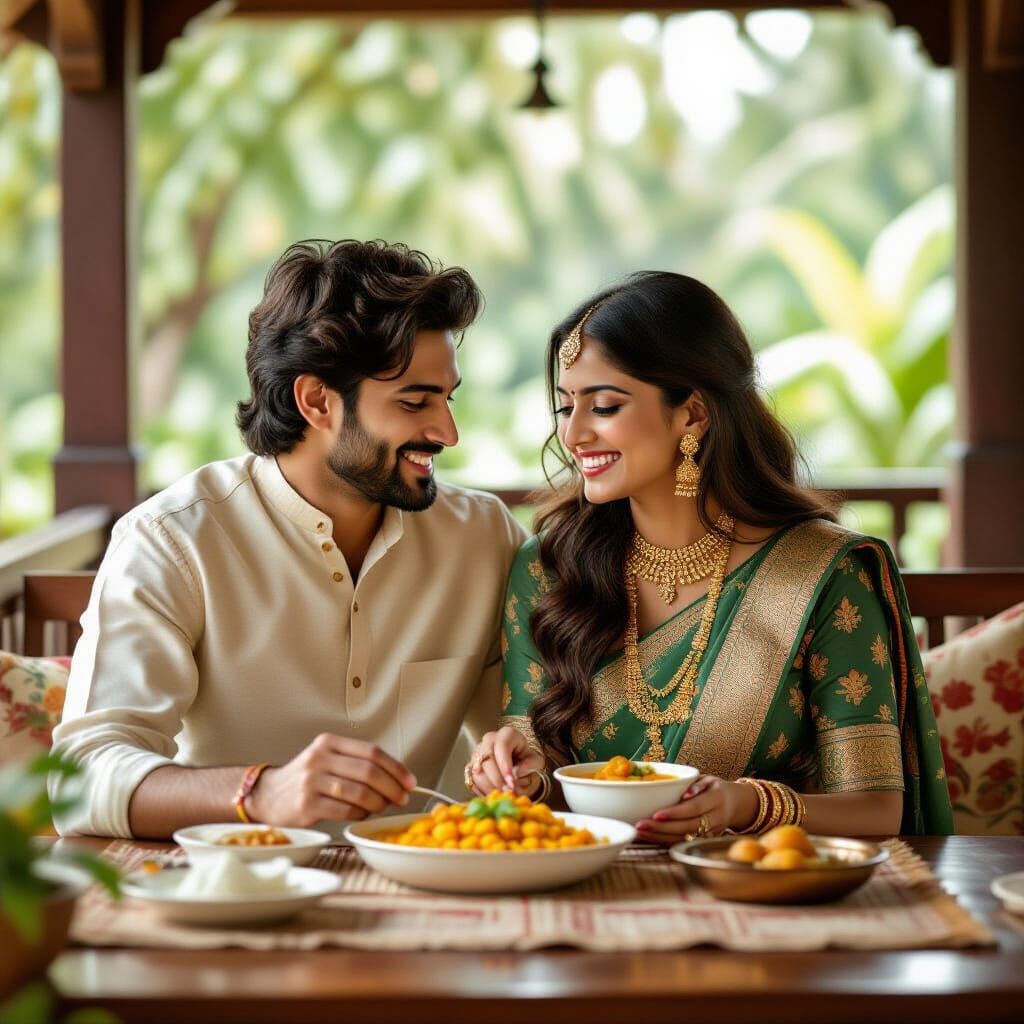 Indian Couple Relishing Peas Pulav in Outdoor Setting