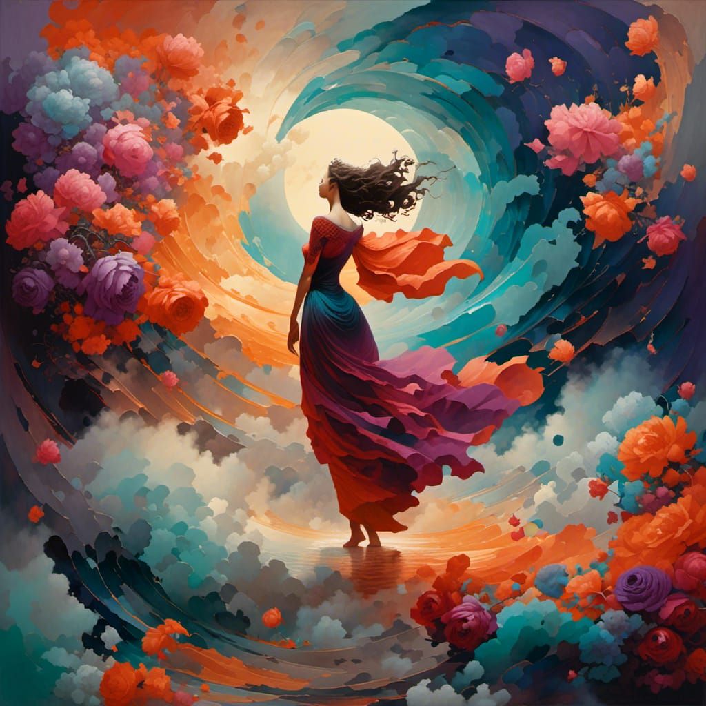 Dark River with Swirling Fog and Flowers