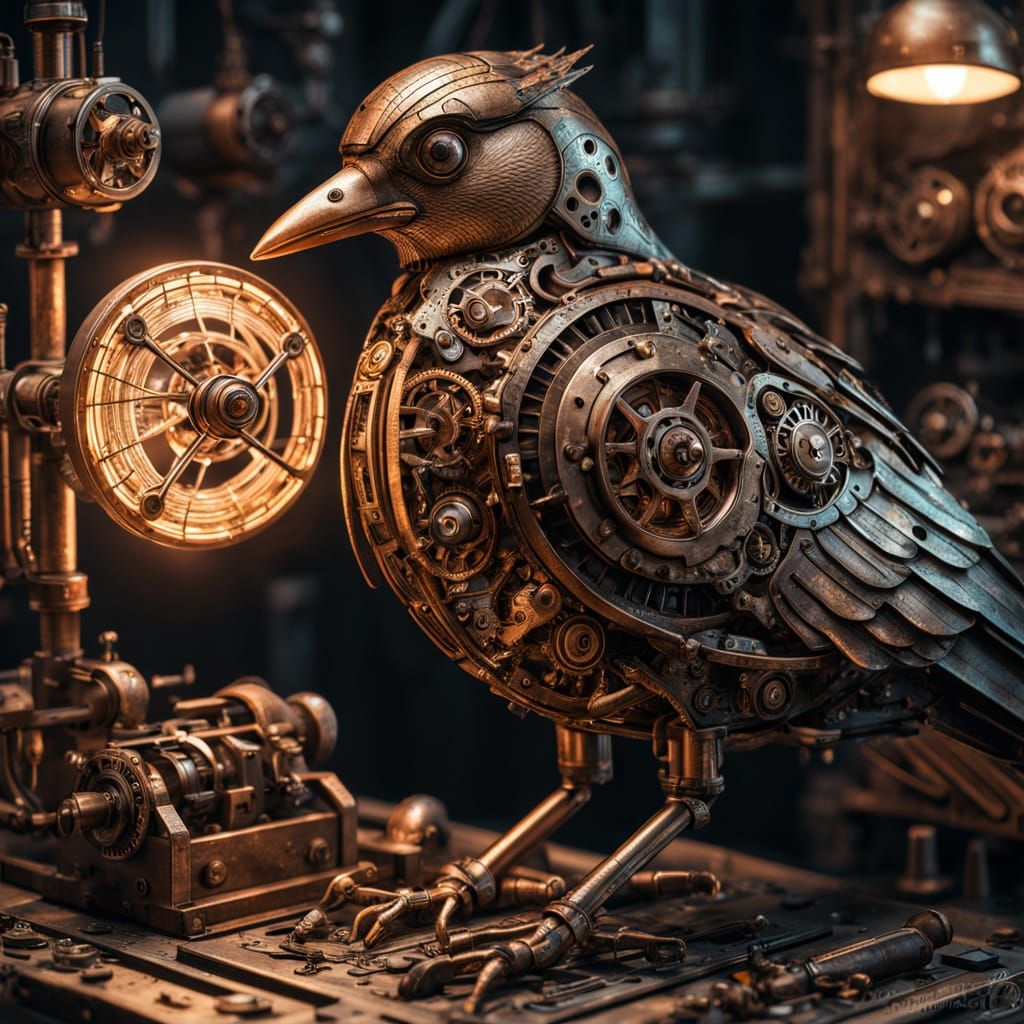 Steampunk Artificer Crafts Intricate Metal Bird