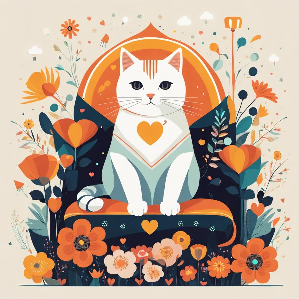Cute Cat Surrounded by Flowers in Graphic Design Style