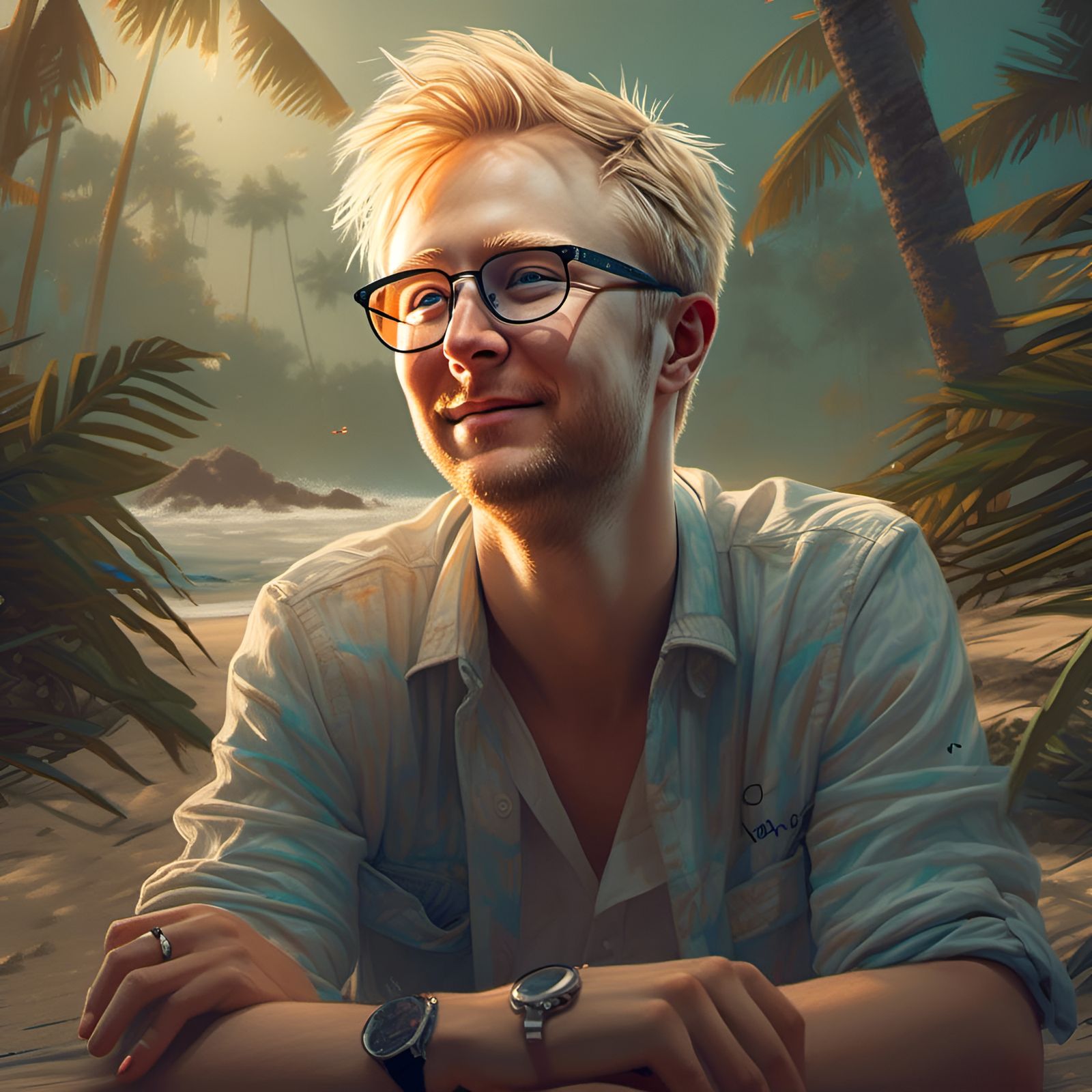 Handsome Man Relaxing at Beach in Digital Illustration