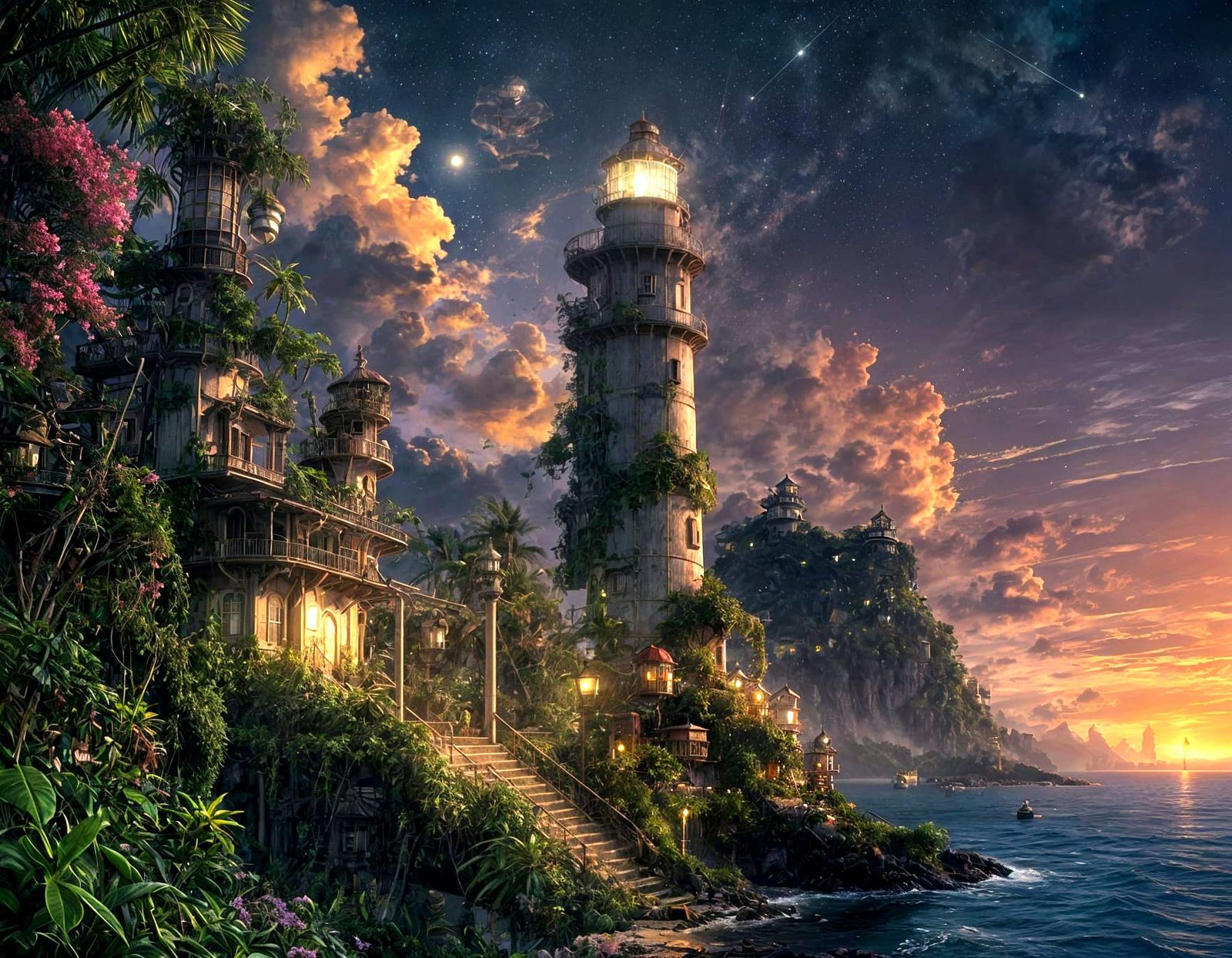 Enchanted Solarpunk Lighthouse in Hawaiian Harbor