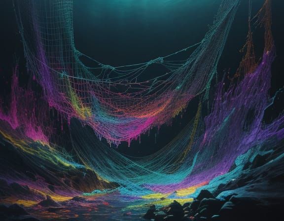 Surreal Oil Painting of Glowing Ore Trapped in Ethereal Nets
