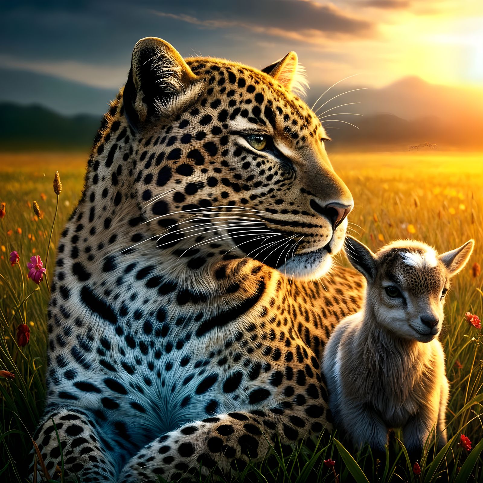 Hyperrealistic Leopard and Kid in Peaceful Meadow
