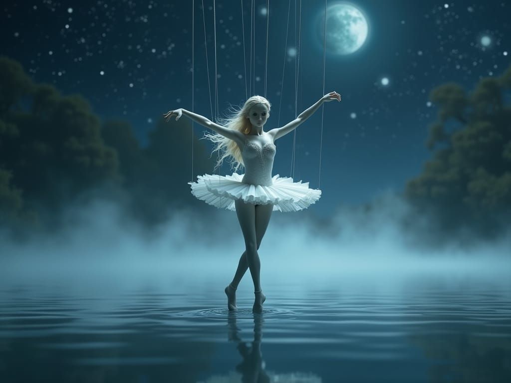 Porcelain Ballerina Marionette on a Magical Lake
