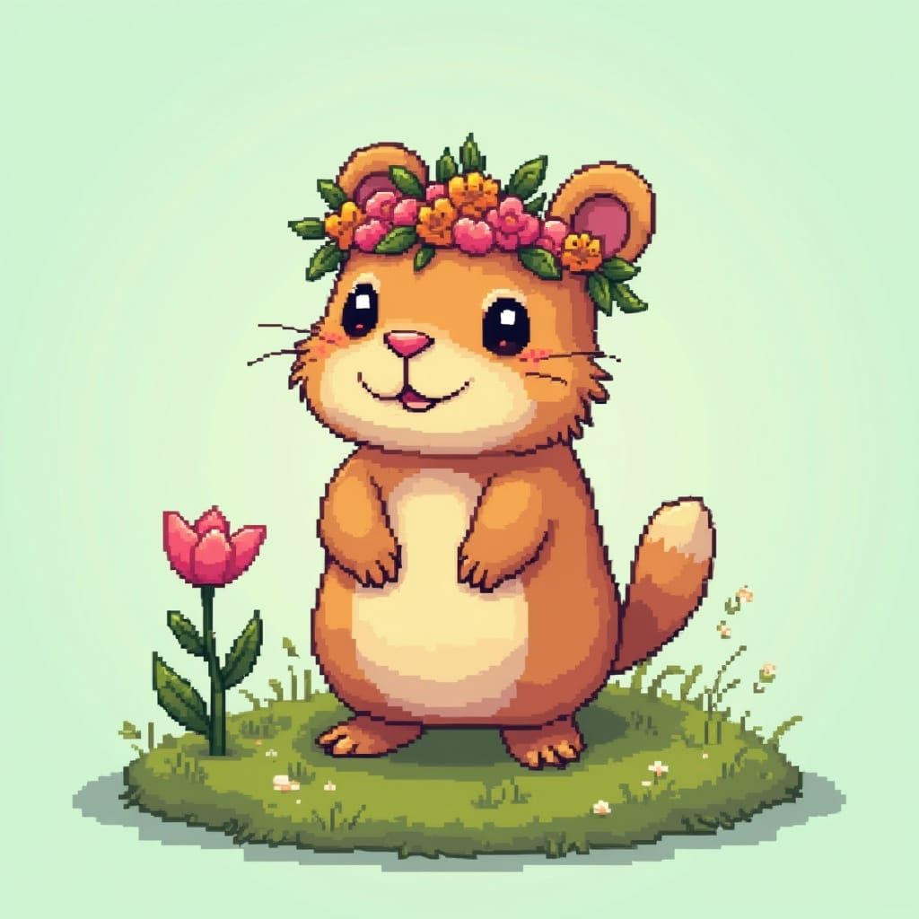 Capybara with Flower Crown in Pixel Art Style