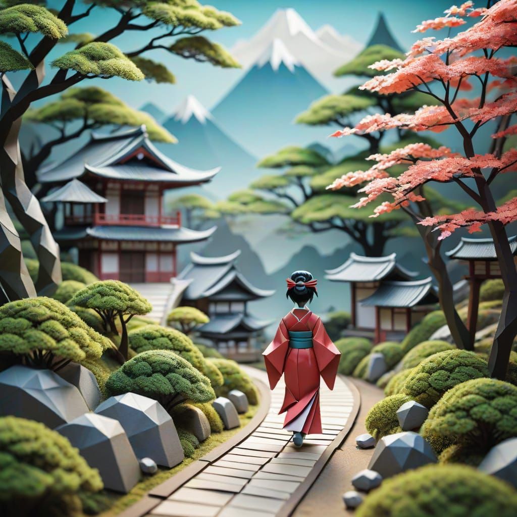 Origami Geisha in Papercraft Landscape
