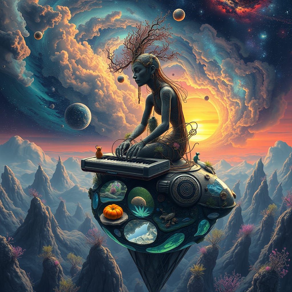 Surrealist Figures Compose Poems in Sunset Galaxy