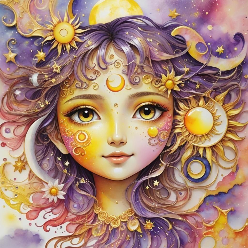 Radiant Sun and Moon in Detailed Alcohol Ink