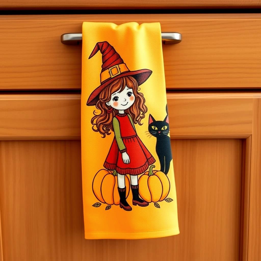 Cozy Kitchen Scene with a Witch and Cat