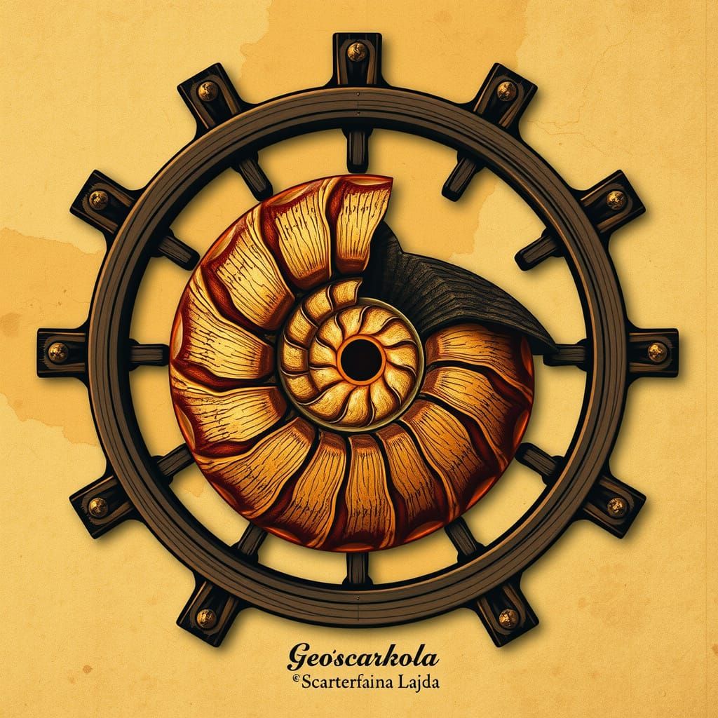 Vintage Logo Featuring Mill Wheel and Fossil Ammonite