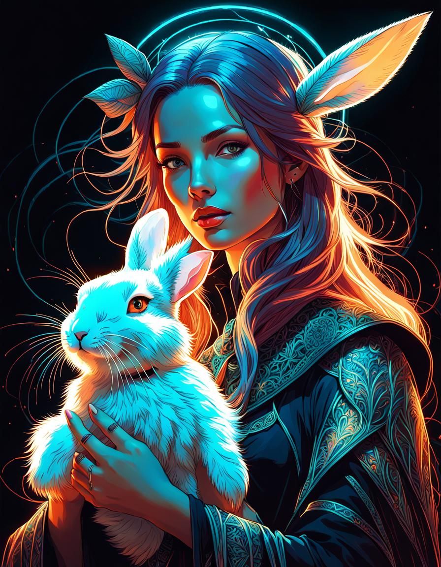 Neon Witch Portrait with Glowing Bunny