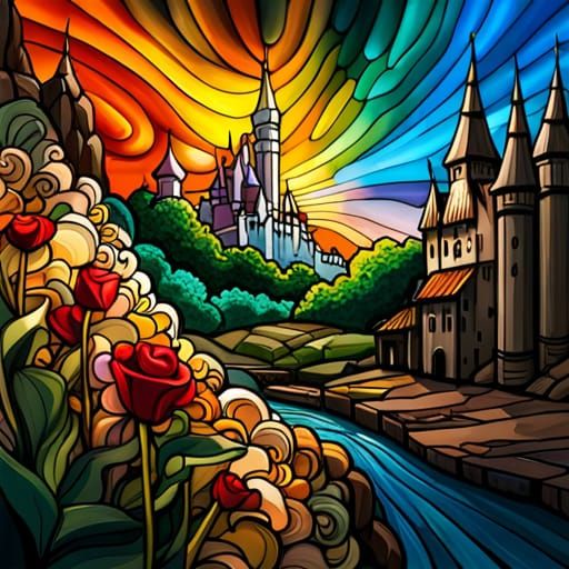 Stained Glass Flower Mandala Castle Landscape