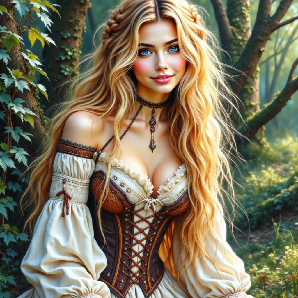 Elegant Medieval Maiden in Vibrant Watercolor Style