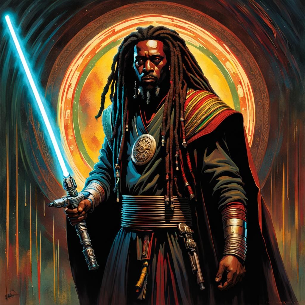 Rasta Jedi Knight with Lightsaber in Futuristic Cityscape