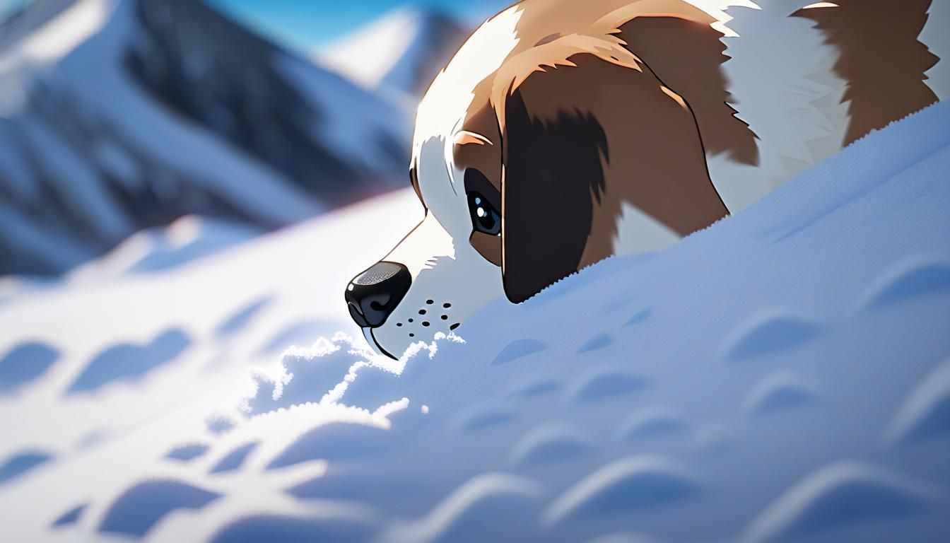 Saint Bernard Sniffs Snowdrift in Animated Style