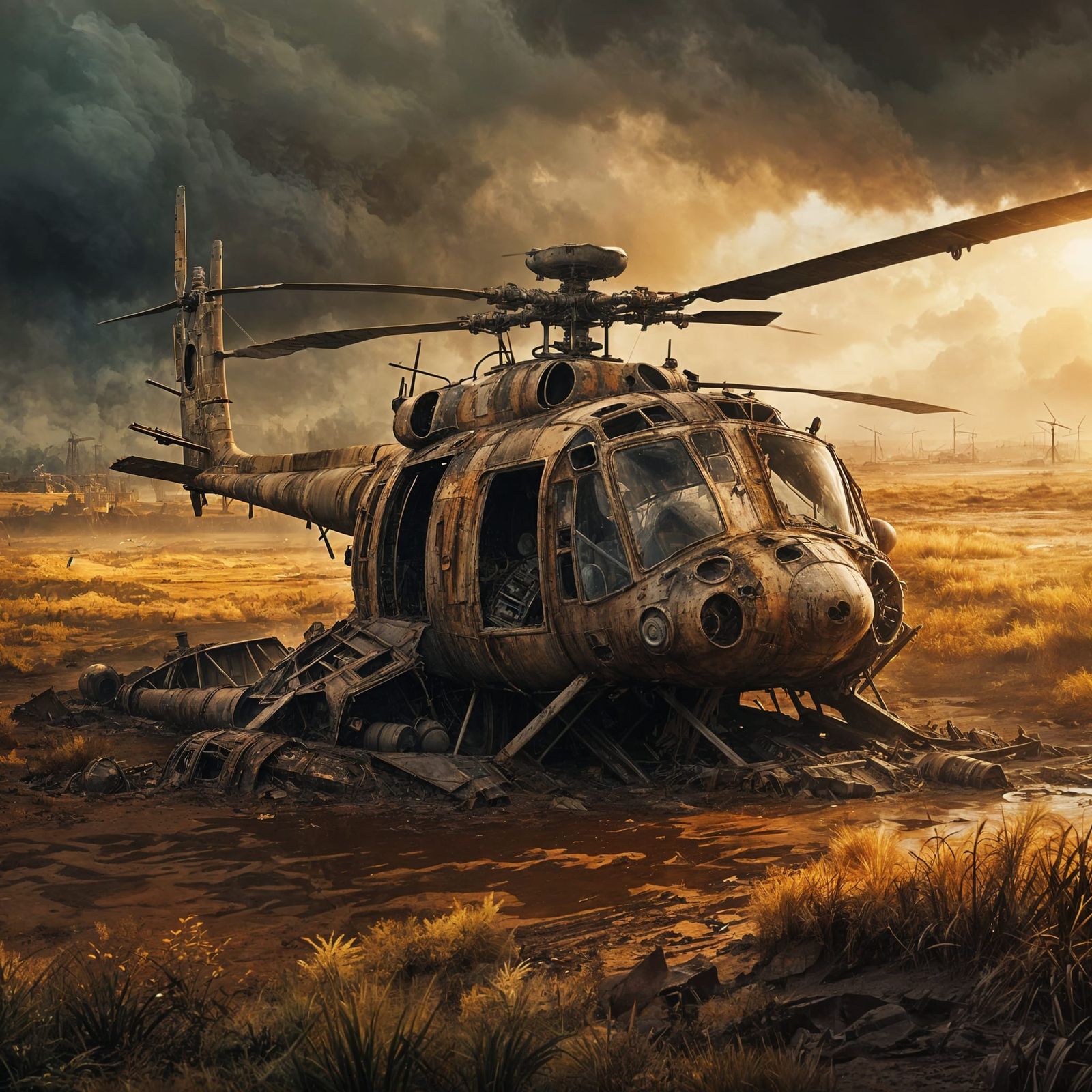 Dilapidated Helicopter Crash Site with Energy Spheres