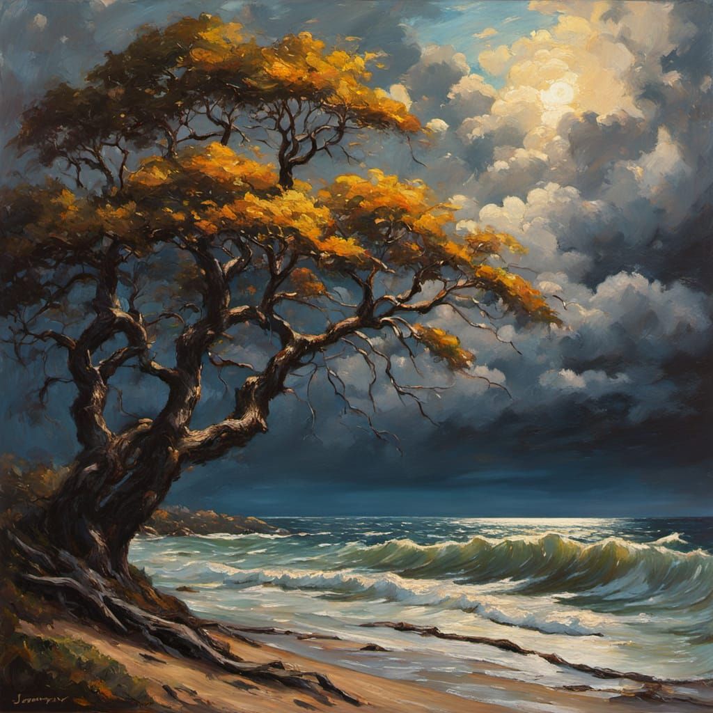Dark Tree Silhouettes by Sea: Oil Painting