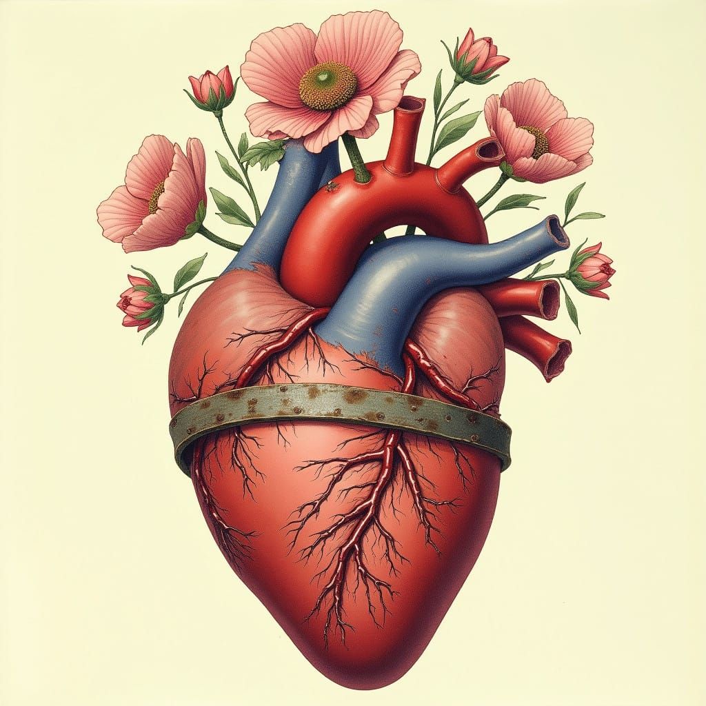 Vesalius-Inspired Heart Anatomy in Bloom with Floral Crown