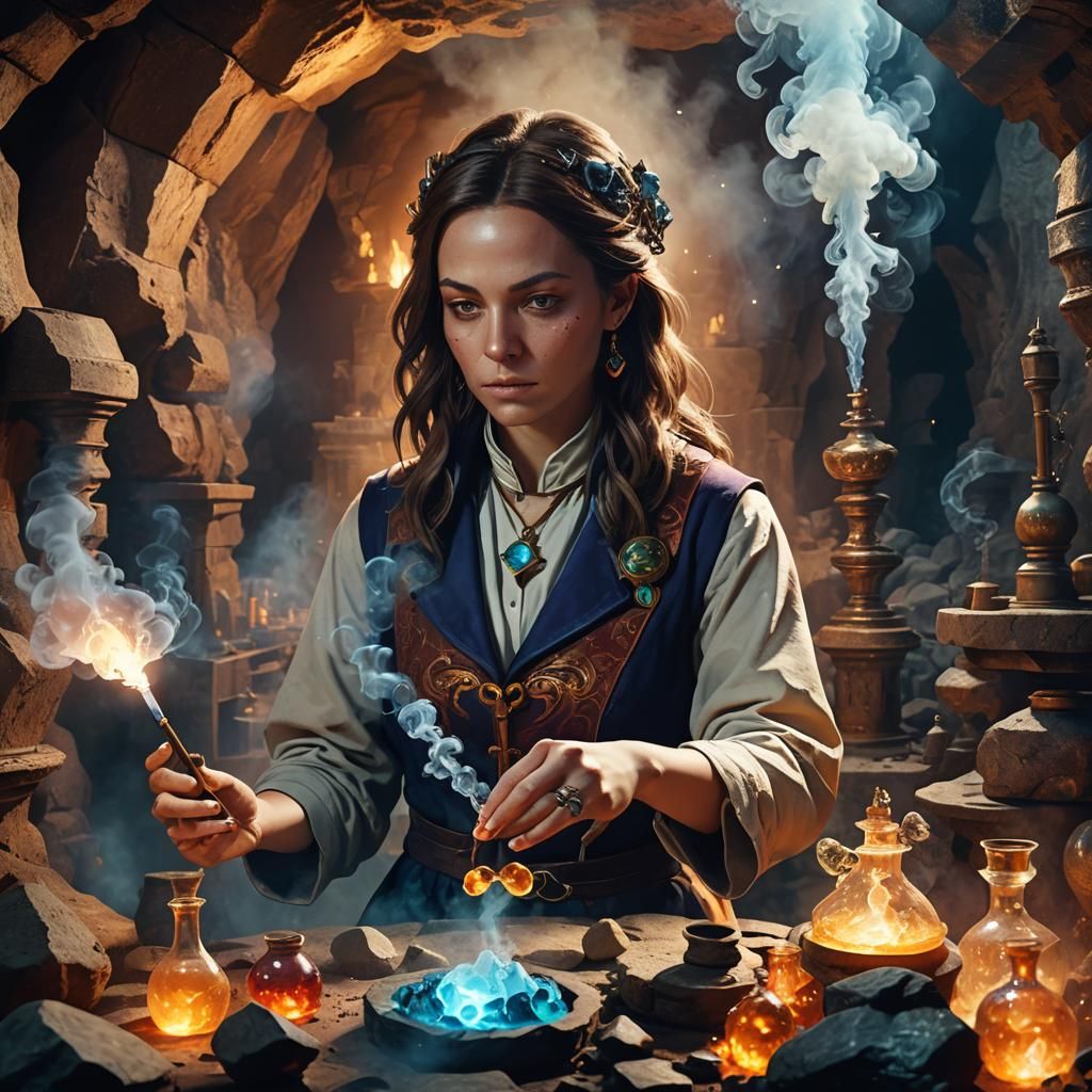 Female Alchemist's Secret Experiment in 3D Cave