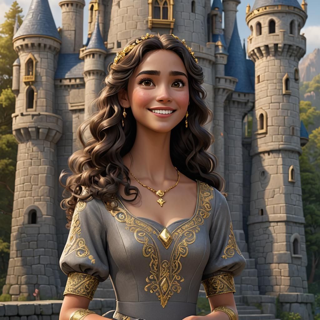 Young Woman in Grey Dress: Pixar-Style 3D Art