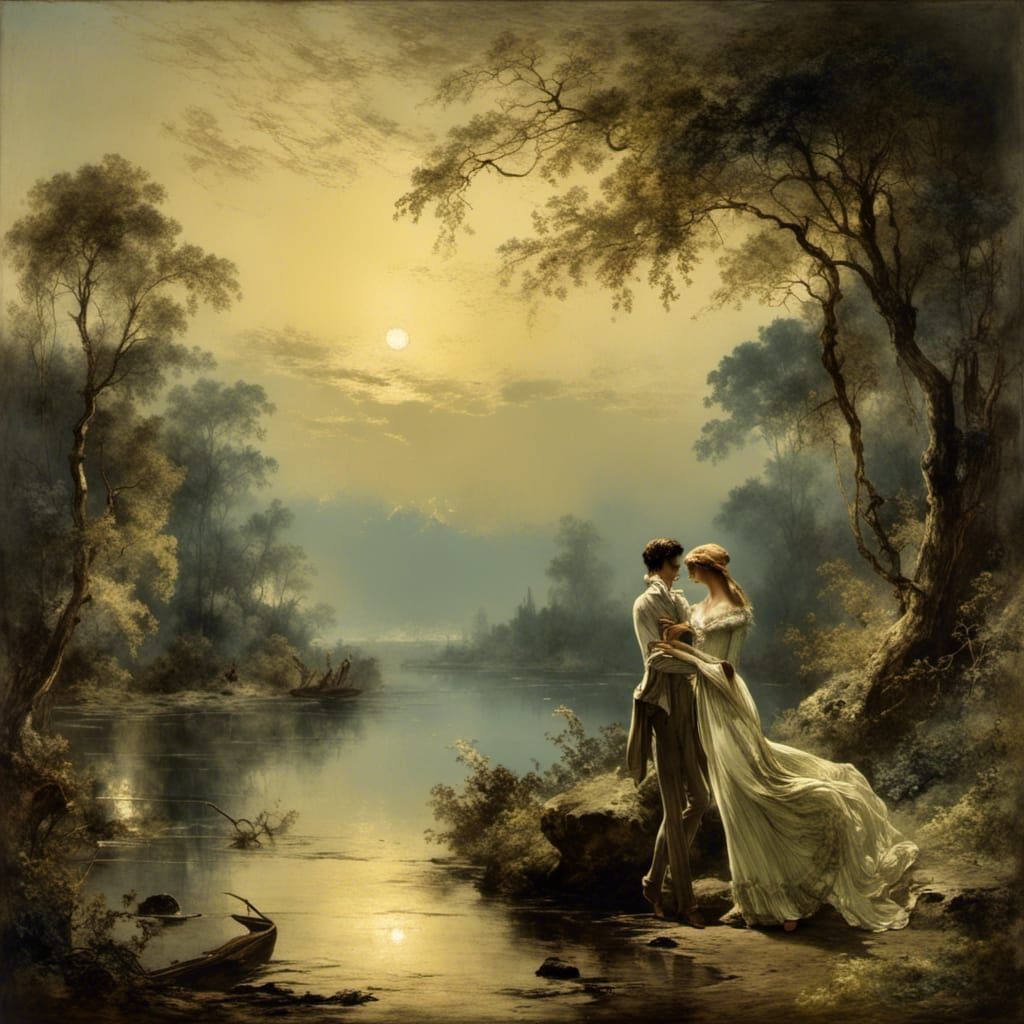 Regency Couple in Verdant Landscape at Golden Hour