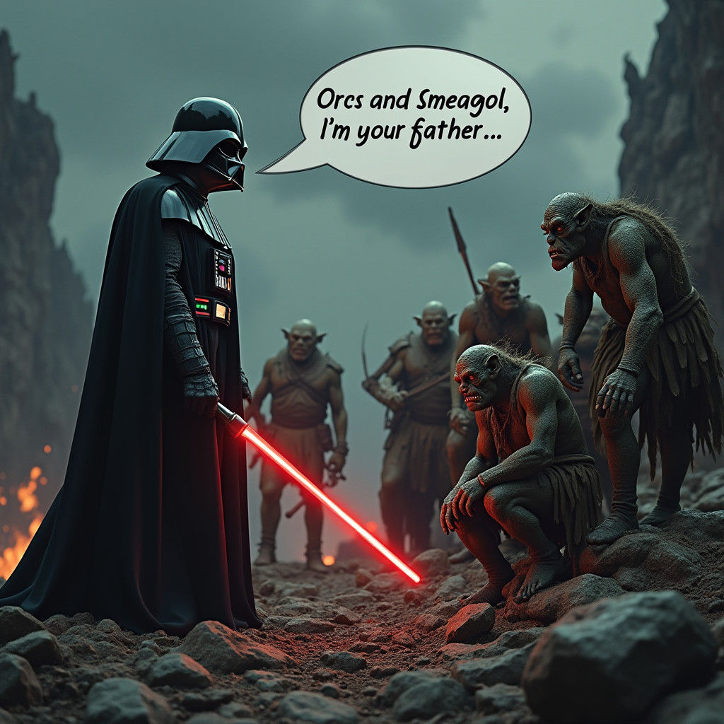 Darth Vader Reveals Paternity to Orcs, Photorealistic Scene