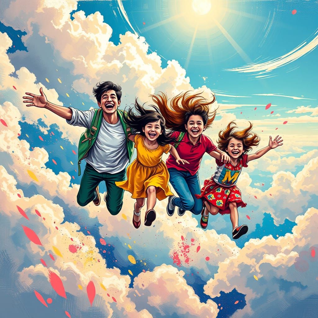 Vibrant Family Soars through Cloudy Skies in Dynamic Graffit...