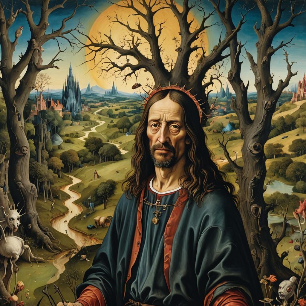 Goofy Jesus in Hellish Landscape as Oil Painting
