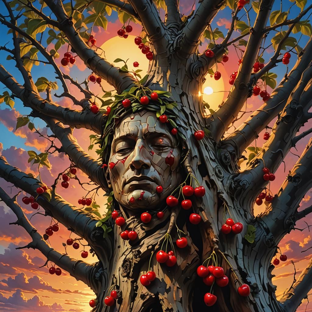 Surreal Cherries Under Sunrise with Sleeping Face