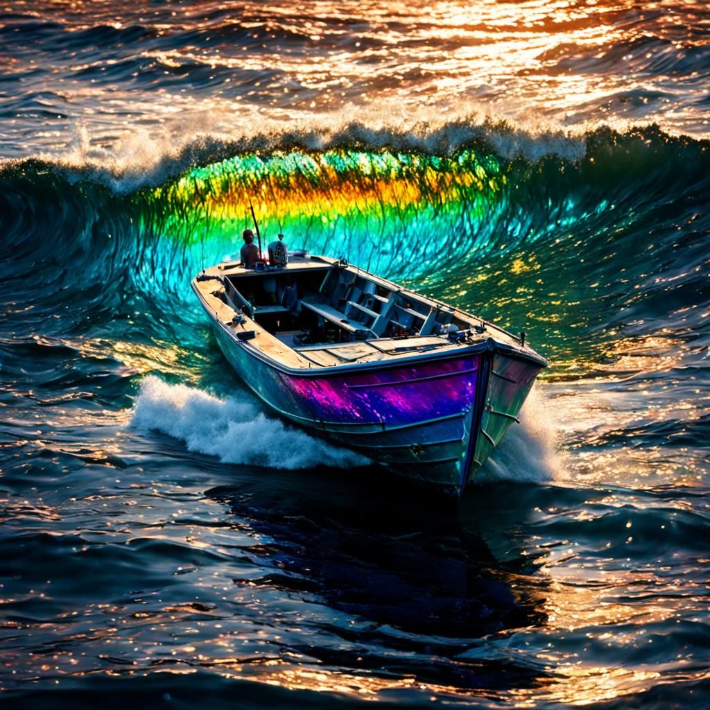 Impossible Iridescent Boat Glitters on Breaking Waves